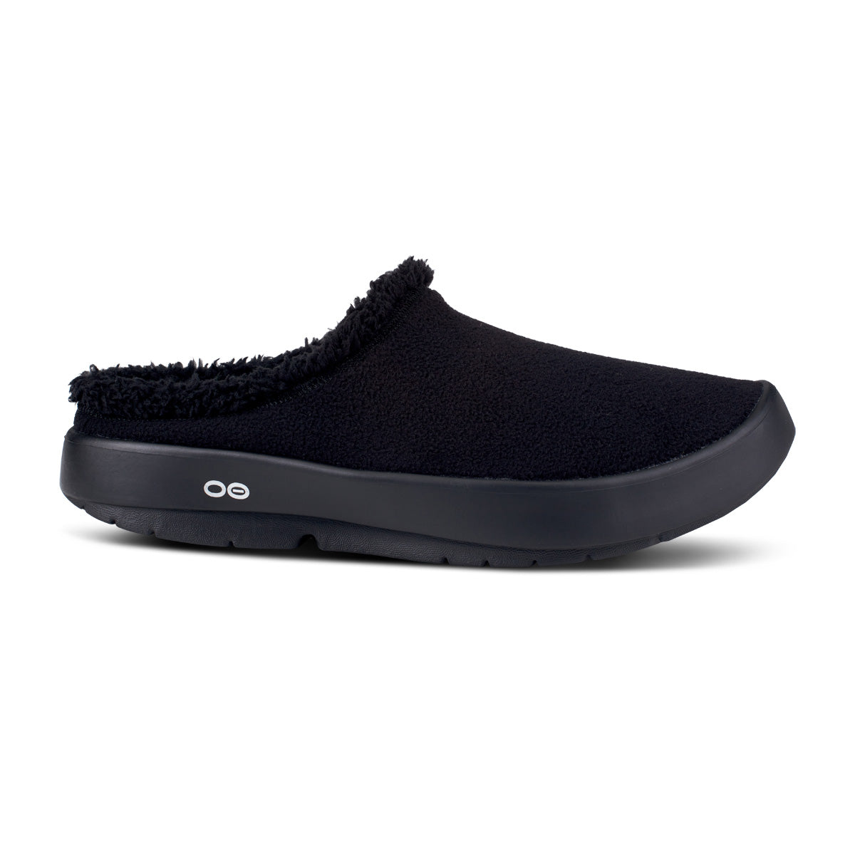Black slip-on clog with a fuzzy lining and a rounded toe, featuring a small logo on the side.