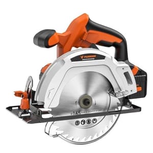 This is a circular saw with an orange and grey color scheme, featuring a 165 mm diameter blade and measurement guides.