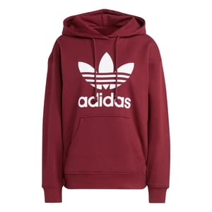 Burgundy Adidas hoodie with white logo print on the front.
