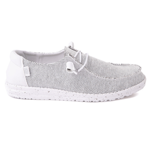 Hey Dude Wendy Sox Shoes feature a lightweight design with a breathable, knitted fabric upper in a light gray color. They include a flexible lace-up closure and a speckled white sole for comfort.