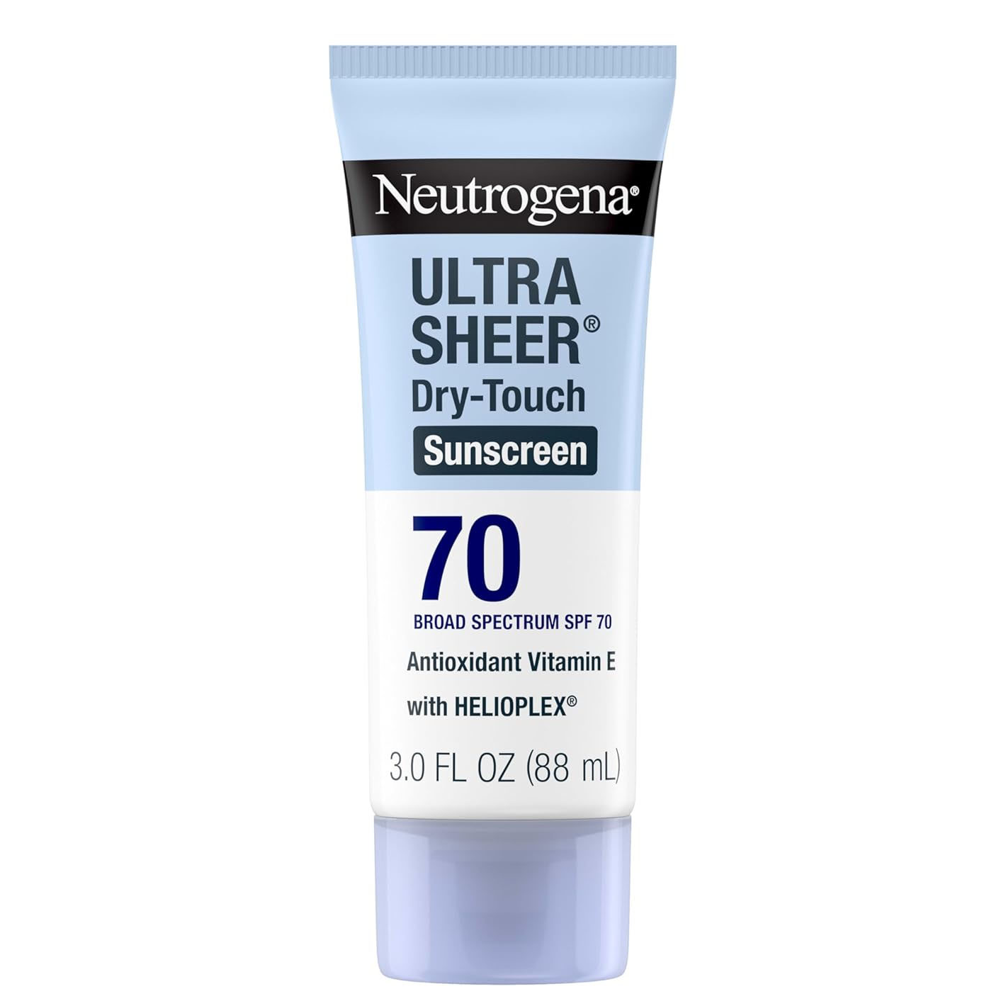 Neutrogena Ultra Sheer Dry-Touch Sunscreen, SPF 70, with antioxidant Vitamin E and Helioplex technology, offers broad-spectrum protection. Size: 3.0 fl oz (88 mL).