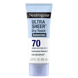 Neutrogena Ultra Sheer Dry-Touch Sunscreen, SPF 70, with antioxidant Vitamin E and Helioplex technology, offers broad-spectrum protection. Size: 3.0 fl oz (88 mL).