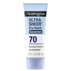 Neutrogena Ultra Sheer Dry-Touch Sunscreen, SPF 70, with antioxidant Vitamin E and Helioplex technology, offers broad-spectrum protection. Size: 3.0 fl oz (88 mL).