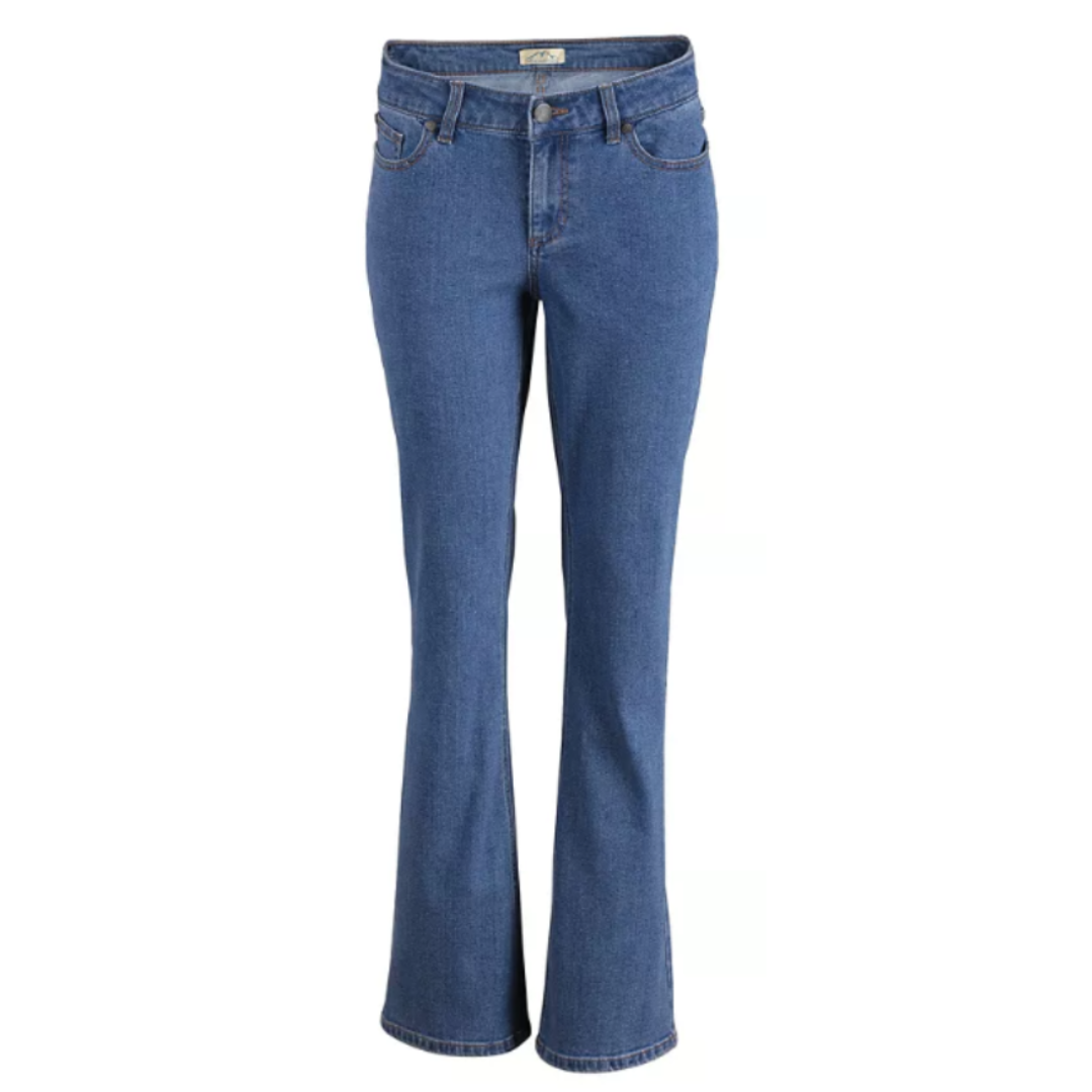 Blue bootcut jeans with a classic five-pocket design and a button closure.