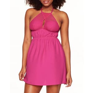 The Adore Me Izzy Slip is a vibrant magenta halter dress featuring a mesh detail at the neckline and a keyhole opening. It has a gathered waist for a flattering fit.