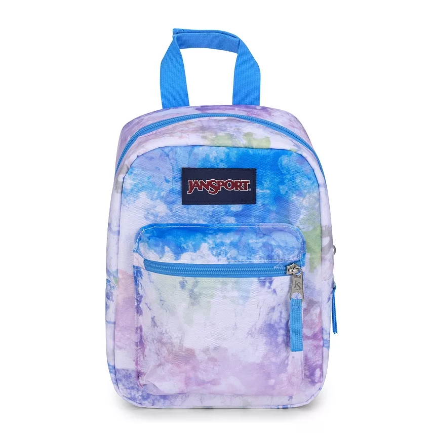 The Jansport Big Break Lunch Bag features a tie-dye design in blue, purple, and green hues. It includes a front zipper pocket, blue handles, and the Jansport logo on the front.