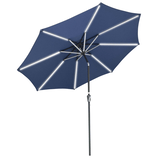 A blue patio umbrella with LED lights along its ribs and a crank handle, designed for outdoor use.