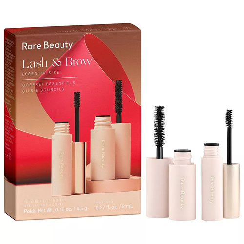 Rare Beauty Lash & Brow Essentials Set includes a mascara (0.27 fl oz/8 mL) and a brow gel (0.16 oz/4.5 g) packaged together in a visually appealing box.