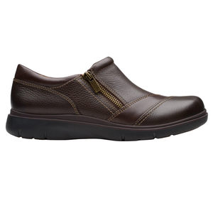 Brown leather slip-on shoe with a side zipper and contrasting stitching, featuring a black rubber sole.