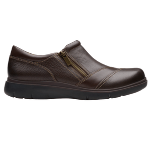 Brown leather slip-on shoe with a side zipper and contrasting stitching, featuring a black rubber sole.