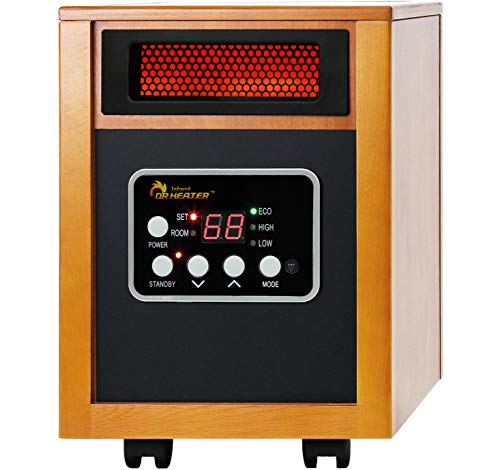 A portable infrared space heater with a wood-like exterior, featuring digital controls, temperature display, and caster wheels for mobility.