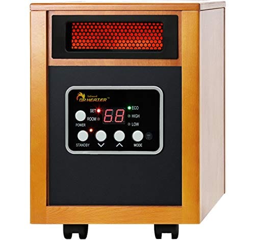 A portable infrared space heater with a wood-like exterior, featuring digital controls, temperature display, and caster wheels for mobility.