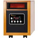 A portable infrared space heater with a wood-like exterior, featuring digital controls, temperature display, and caster wheels for mobility.