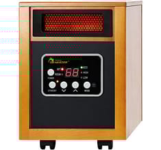 A portable infrared space heater with a wood-like exterior, featuring digital controls, temperature display, and caster wheels for mobility.