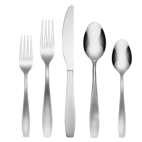 Set of five stainless steel utensils: two forks, a knife, and two spoons.