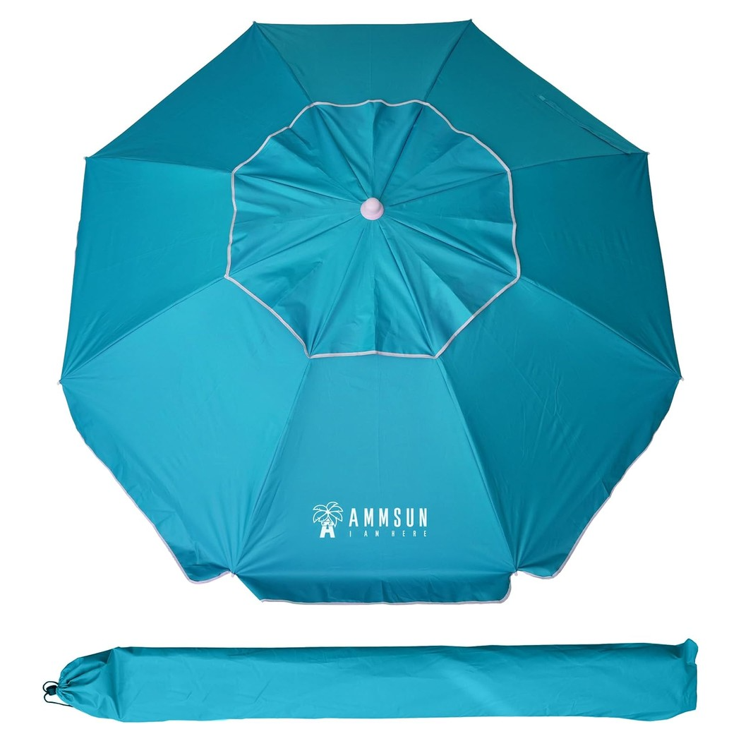 A turquoise beach umbrella with a ventilation feature and carrying bag, labeled \“AMMSUN.\“