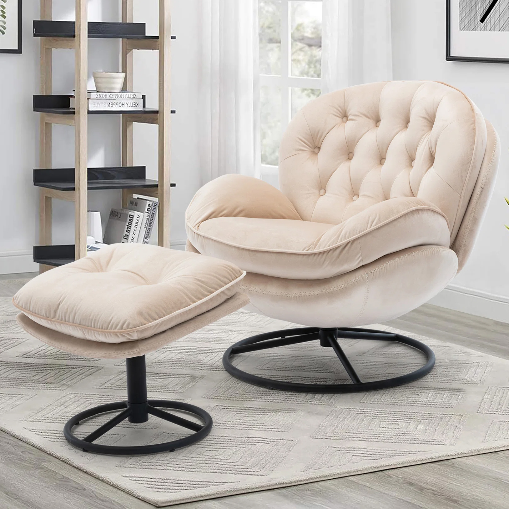 Tufted Back Swivel Chair with Ottoman features a plush, button-tufted design with a swivel base and matching cushioned ottoman. Upholstered in a soft beige fabric, it offers a contemporary style suitable for modern interiors.