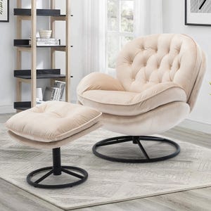Tufted Back Swivel Chair with Ottoman features a plush, button-tufted design with a swivel base and matching cushioned ottoman. Upholstered in a soft beige fabric, it offers a contemporary style suitable for modern interiors.