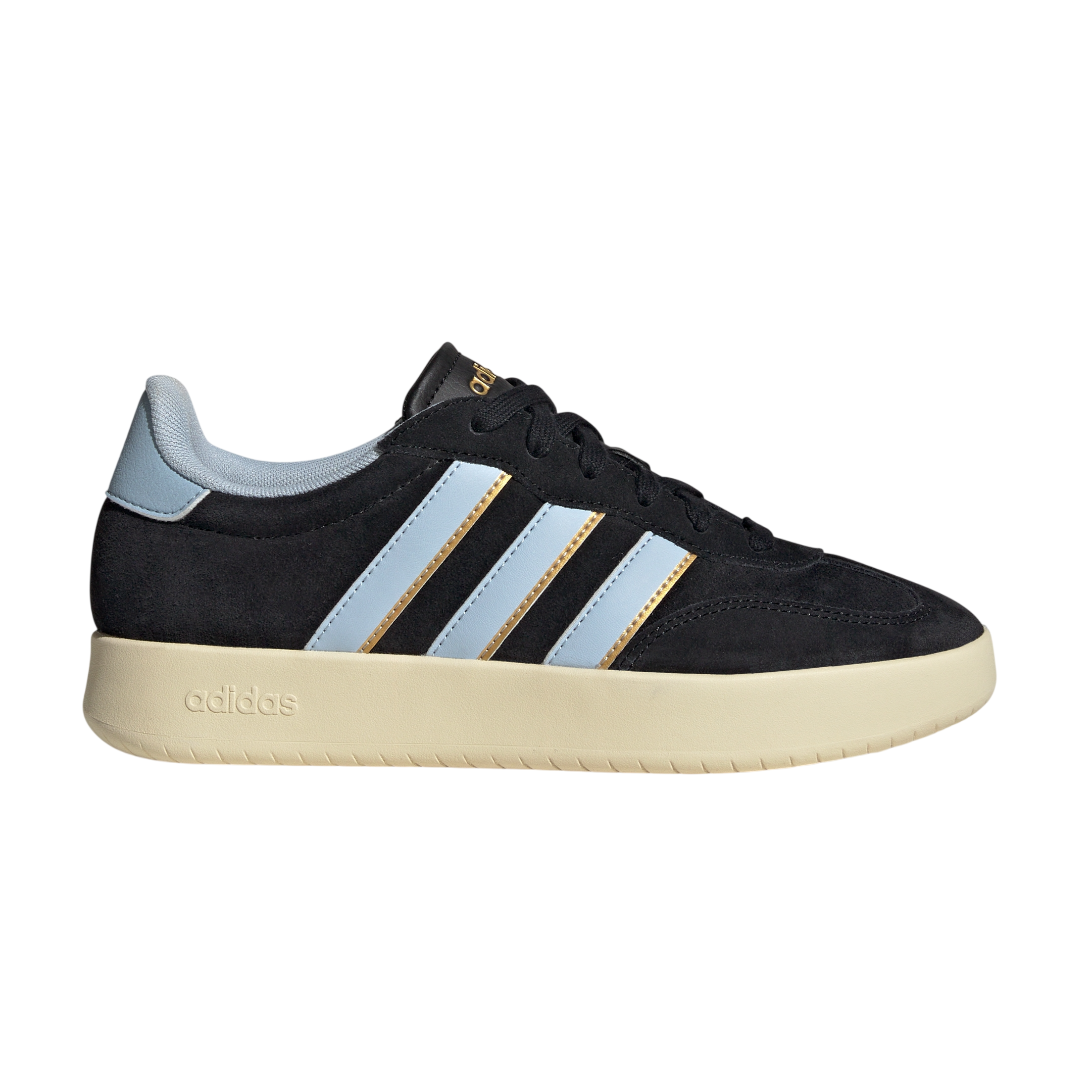 A black Adidas sneaker with light blue stripes, gold accents, and a beige sole.