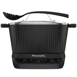 PowerXL electric multicooker with a deep, ribbed black design and digital control panel, accompanied by a matching pasta spoon.
