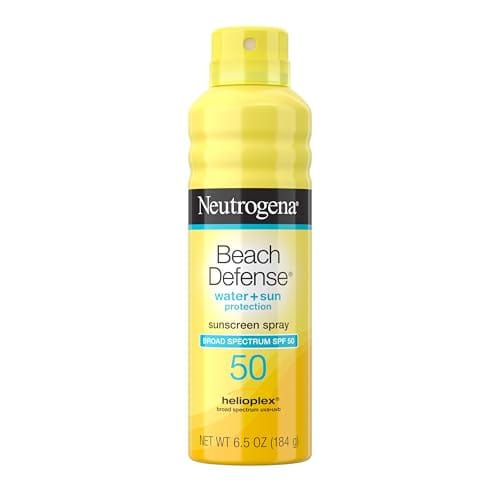 Neutrogena Beach Defense sunscreen spray with SPF 50, broad spectrum water and sun protection, 6.5 oz (184 g).