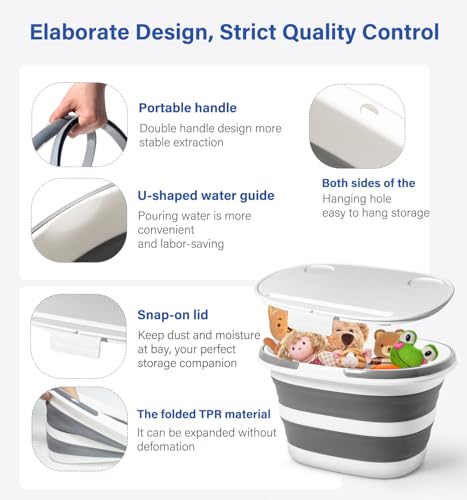 Collapsible storage bin with portable handle, U-shaped water guide, snap-on lid, and foldable TPR material for easy use and storage.