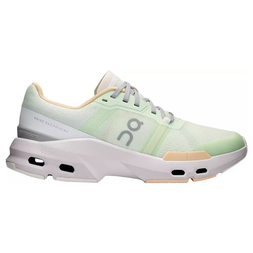 On Cloudpulse Shoes feature a sleek design with a gradient green and white color scheme, breathable mesh upper, signature cloud cushioning, and a sturdy sole for comfort and performance.