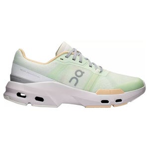 On Cloudpulse Shoes feature a sleek design with a gradient green and white color scheme, breathable mesh upper, signature cloud cushioning, and a sturdy sole for comfort and performance.