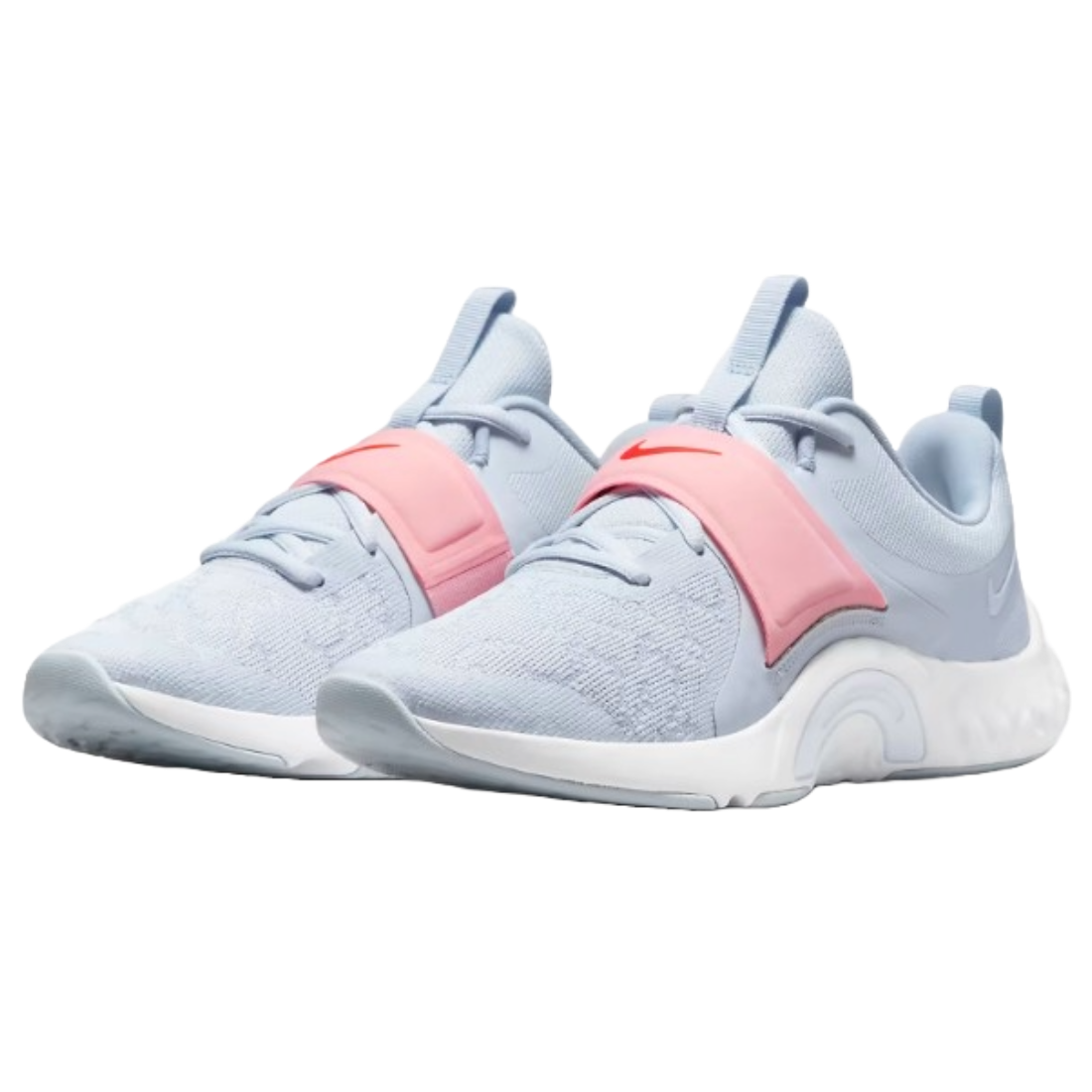 Nike Renew In-Season TR 12 shoes are light blue athletic sneakers featuring a breathable mesh upper, pink strap overlay, and a cushioned sole designed for comfort and support during workouts.