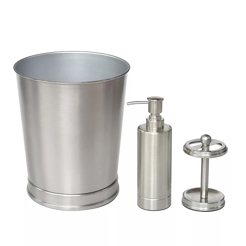 A stainless steel bathroom set includes a waste bin, a soap dispenser, and a toilet paper holder, all featuring a sleek, brushed metal finish.