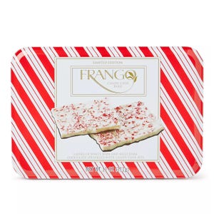 Frango Candy Cane Bark, limited edition, features layers of white bark and dark chocolate with candy cane bits, weighing 11 oz (311g).
