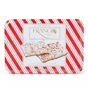Frango Candy Cane Bark, limited edition, features layers of white bark and dark chocolate with candy cane bits, weighing 11 oz (311g).