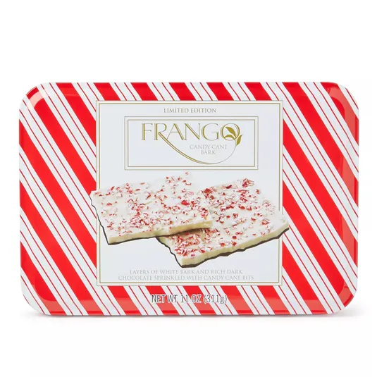Frango Candy Cane Bark, limited edition, features layers of white bark and dark chocolate with candy cane bits, weighing 11 oz (311g).
