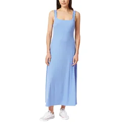 Light blue maxi dress with braided straps, worn with white sneakers.