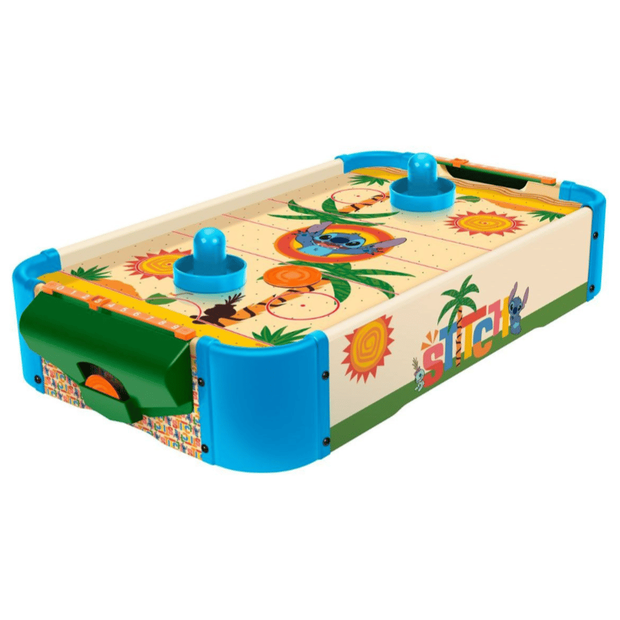 Stitch-themed tabletop air hockey game with colorful illustrations and two blue paddles.