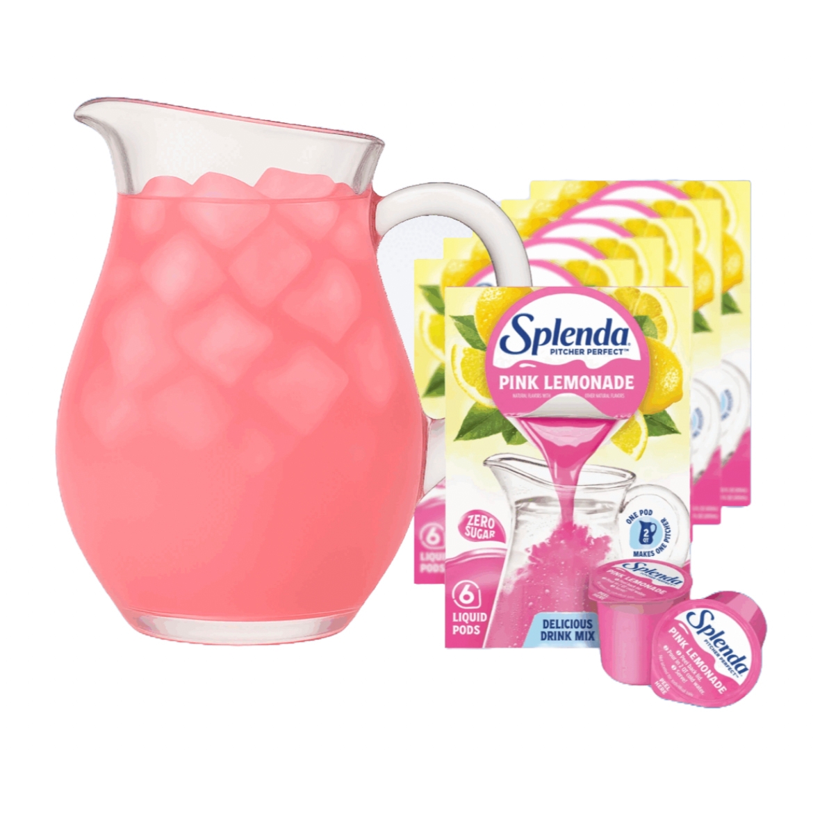 A pack of 36 Splenda Pitcher Perfect Pink Lemonade liquid pods with zero sugar, designed to make a delicious drink. The packaging features a pink liquid pouring into a pitcher, indicating each pod is for easy use in making lemonade.
