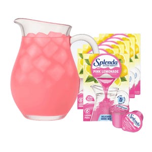 A pack of 36 Splenda Pitcher Perfect Pink Lemonade liquid pods with zero sugar, designed to make a delicious drink. The packaging features a pink liquid pouring into a pitcher, indicating each pod is for easy use in making lemonade.