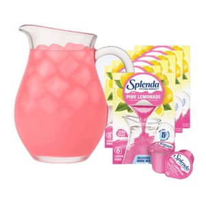 A pack of 36 Splenda Pitcher Perfect Pink Lemonade liquid pods with zero sugar, designed to make a delicious drink. The packaging features a pink liquid pouring into a pitcher, indicating each pod is for easy use in making lemonade.
