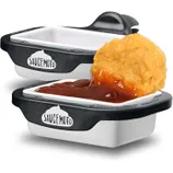 SauceMoto condiment holders designed for car cup holders, shown with dipping sauces and food.