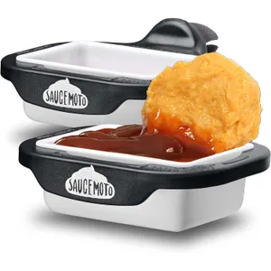 SauceMoto condiment holders designed for car cup holders, shown with dipping sauces and food.
