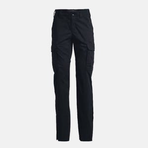 Black cargo pants with side pockets.