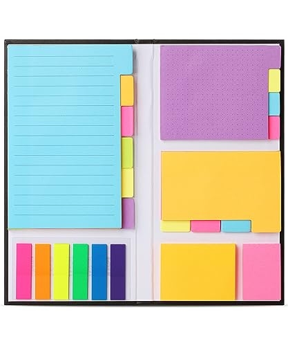 A set of sticky notes in various sizes and colors, including blue lined notes, purple dotted notes, and multiple sets of small page markers in bright hues.