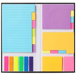 A set of sticky notes in various sizes and colors, including blue lined notes, purple dotted notes, and multiple sets of small page markers in bright hues.