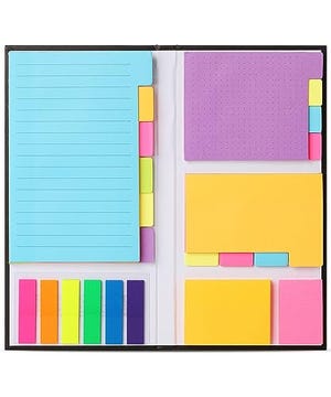A set of sticky notes in various sizes and colors, including blue lined notes, purple dotted notes, and multiple sets of small page markers in bright hues.