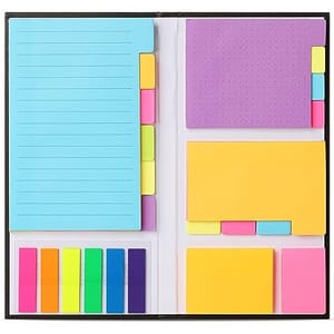 A set of sticky notes in various sizes and colors, including blue lined notes, purple dotted notes, and multiple sets of small page markers in bright hues.