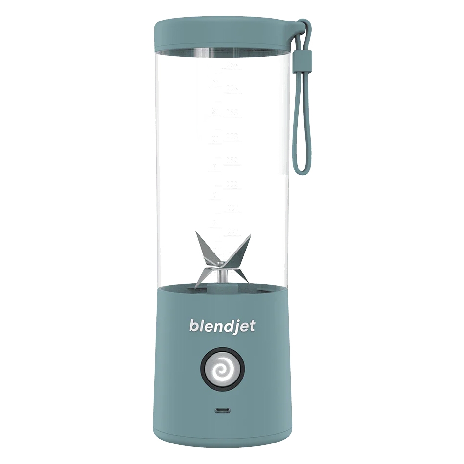 Portable BlendJet blender with a measurement scale and carrying strap.