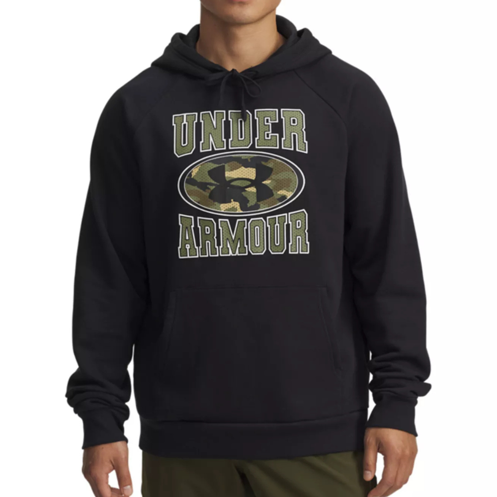 Black hoodie with \“Under Armour\“ text and logo featuring a camouflage design.