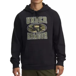 Black hoodie with \“Under Armour\“ text and logo featuring a camouflage design.