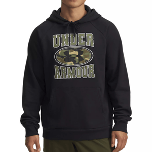Black hoodie with \“Under Armour\“ text and logo featuring a camouflage design.