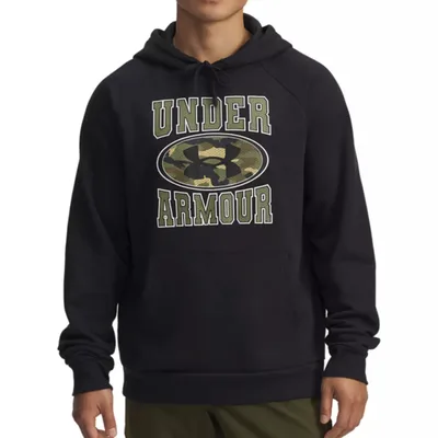 Black hoodie with \“Under Armour\“ text and logo featuring a camouflage design.